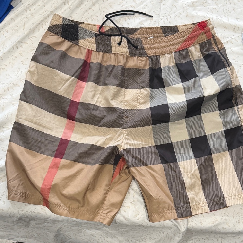 Burberry Beige Plaid Swim Trunks with Red Accent